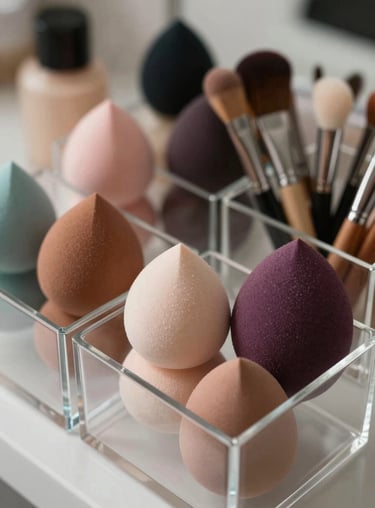 Close-up of elegant cosmetic sponges and beauty tools in organized acrylic containers, clean retail style.