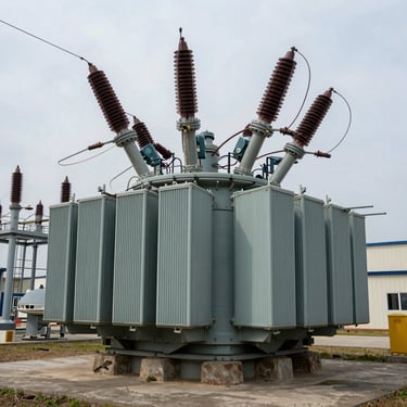 A massive high-voltage electrical transformer situated in a secure industrial substation in North America. The composition highlights scale and robust engineering.