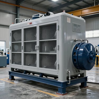 A large-scale industrial chiller system installed in a modern North American facility. The machine is clean and features a robust grey and dark blue metallic finish against a polished concrete floor.