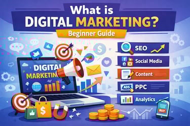 Digital marketing guide infographic explaining SEO, social media marketing, content marketing and PP
