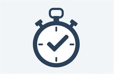 An icon showing a stopwatch and a checkmark, representing efficiency and speed. The style is flat and modern, using #1A202C and #A0AEC0 on a clear background.