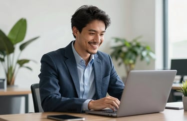 A South American / Brazilian professional in business casual attire smiling while looking at a laptop in a bright, airy office space with plants. High-quality photography style.