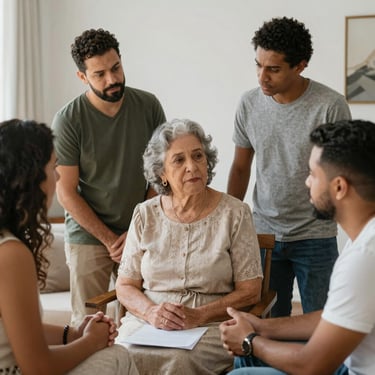 A warm meeting between a lawyer and a family discussing legal matters.. Thei are brazilian