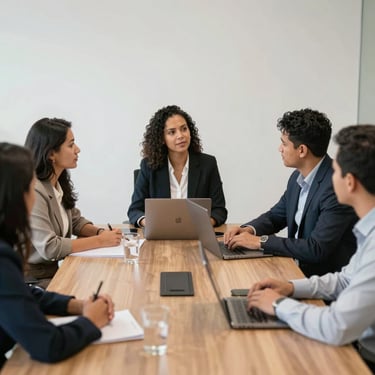 A professional lawyer discussing inheritance documents with clients in a cozy office.