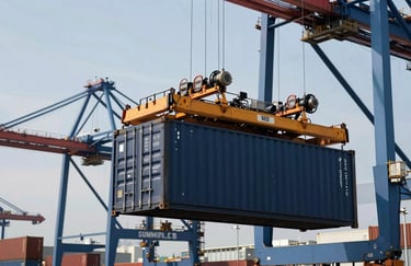 A busy container terminal with sky blue cranes lifting a heavy deep navy container, high contrast, industrial style photography.