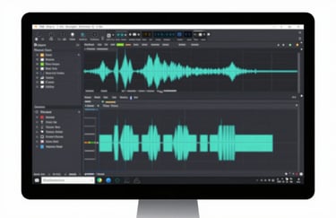 A sleek computer screen displaying a digital audio workstation (DAW) with complex waveforms, showing professional editing in progress.