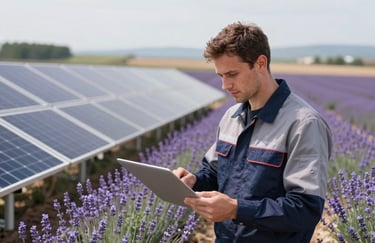 A technical expert in modern workwear inspecting a solar installation over a blooming lavender field. Professional and eco-conscious vibe.