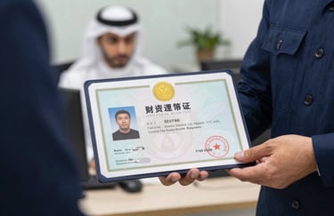 Close-up of a professional license document with a gold seal held by a person in a navy blue uniform, Middle Eastern / Gulf office background, clean and trustworthy aesthetic.