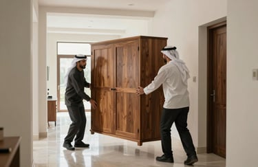 Movers carefully maneuvering a large wooden cabinet through a wide hallway in a modern home, Middle Eastern / Gulf architecture, bright interior.