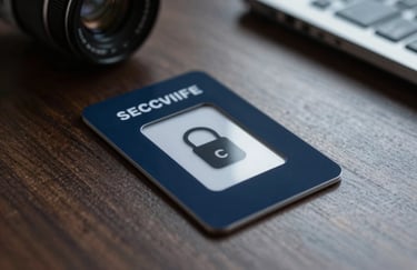 Close-up of a secure digital access card on a dark wood desk in a North American / US office. Deep navy and muted blue-grey palette, shallow depth of field.