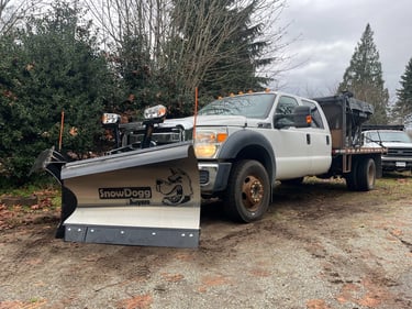a white truck with a silver V plow blade 