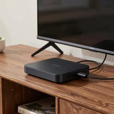 A compact streaming media player connected to the back of a modern TV with clean wire management on a wooden console in a North American home.