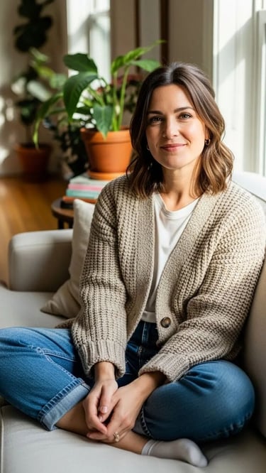A woman wearing a beige chunky knit cardigan and blue jeans sits on a sofa surrounded by indoor plants.