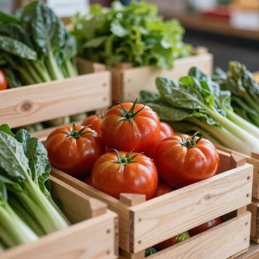 A rustic but elegant display of fresh local Spanish produce, including tomatoes and greens, in a modern wooden crate, soft natural light, vibrant colors.