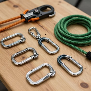 Professional arborist climbing gear, including colorful ropes and carabiners, laid out neatly on a wooden surface. Earthy tan and forest green tones. North American / US context.