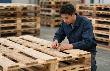 Professional photography of a technician inspecting high-quality wooden pallets in a North American facility with soft lighting.