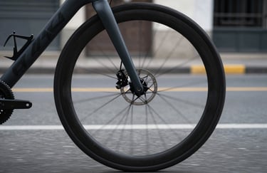 Motion blur of a sleek bike wheel moving through a South American / Colombian city street, capturing speed and efficiency, Charcoal Grey and Dark Slate Black tones.