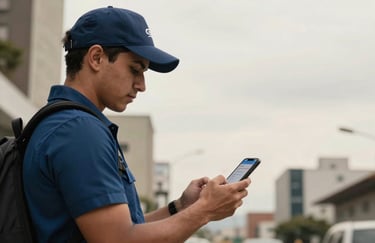 A courier checking a real-time tracking app on a smartphone in a South American / Colombian urban environment, Soft Off-white sky, modern and high-tech feel.