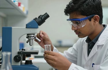 Close-up action shot of a South Asian / Indian student conducting a chemistry experiment in a lab with Slate Blue equipment and safety gear.