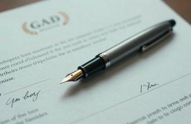 A close-up of a fountain pen resting on a signed incorporation document, warm office lighting, light misty aqua and dark slate grey color palette.