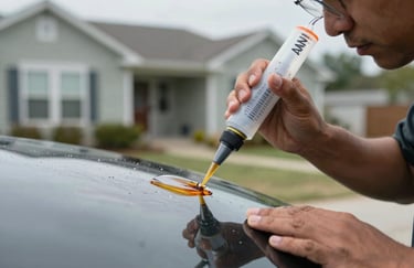 Action shot of a technician injecting resin into a windshield chip, focused and precise movement, North American residential background, soft lighting.