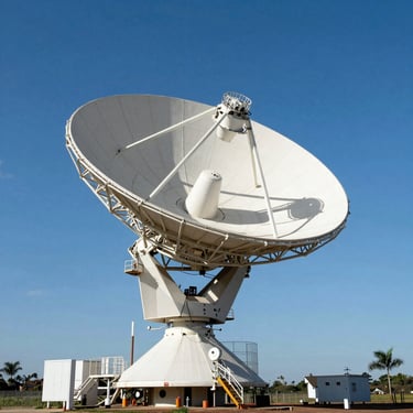 A crisp photograph of a large satellite communication dish in a South American / Brazilian technology park against a clear blue sky, bright daylight.