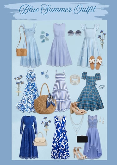 Collection of blue summer dresses and accessories including floral, striped, and eyelet styles.