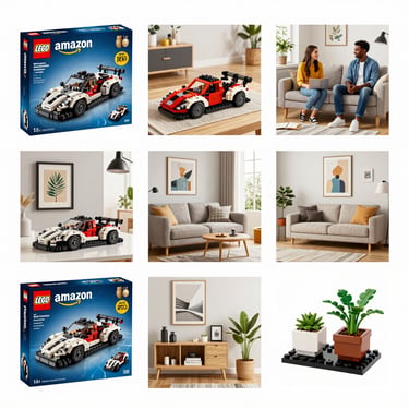 Grid showing LEGO Technic race car sets, lifestyle living room decor, and brick-built botanical plants.