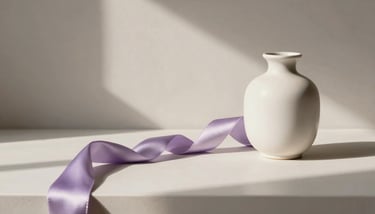 A premium gift kit open on a table, featuring a minimalist scented candle and a soft purple silk scarf, Brazilian morning light.