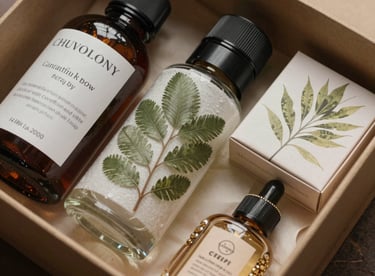 Detail of a curated gift kit containing botanical beauty items and a small artisanal accessory.