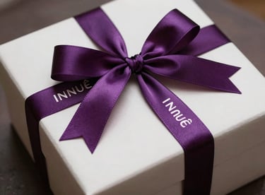 Refined packaging of a gift box with a deep purple ribbon, highlighting the INNUÊ branding in a modern setting.