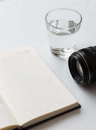 Artfully arranged aesthetic lifestyle items including a journal and a glass of water on a clean white surface.