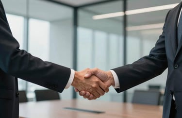 A professional handshake between two business individuals in a contemporary glass-walled boardroom, North American setting.