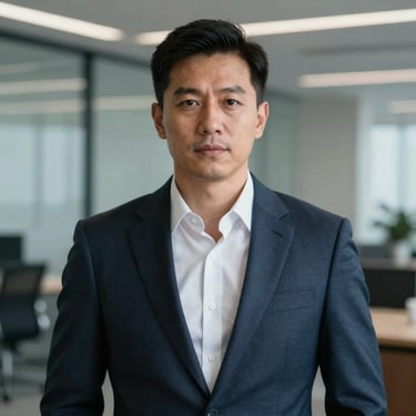A professional individual in Oceania wearing high-quality corporate attire, looking forward with confidence. The background is a blurred, sophisticated office environment with Off-White and Steel Blue accents.