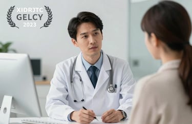 A trustworthy doctor in a white coat providing professional consultation to a patient in a bright, modern clinic setting.