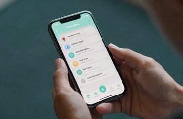 A close-up shot of hands holding a modern smartphone showing a health management application interface against a deep teal blurred background.