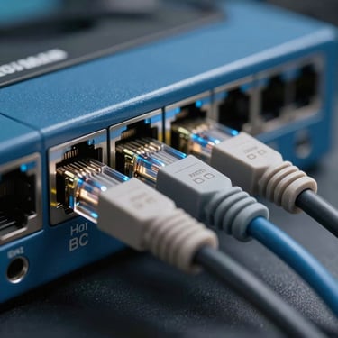 Professional close-up of high-speed networking cables plugged into a glowing blue switch, cinematic lighting, shallow depth of field.