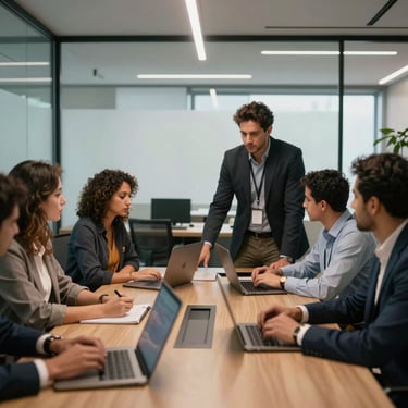 Modern office interior in Brazil with professional South Americans collaborating around a sleek conference table with technological accents.