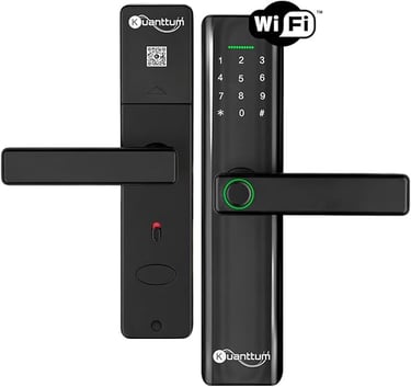 Kuanttum smart door lock with biometric fingerprint scanner, WiFi connectivity, and digital keypad entry.