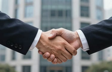 A close-up of a firm, professional handshake between two people in front of a modern building facade, symbolizing a successful partnership and trust.