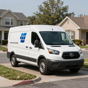A clean, organized service van with a corporate logo parked in a well-kept US suburban neighborhood, professional lighting and composition.