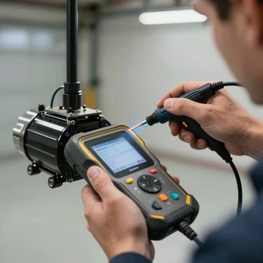 A close-up of a technician's hands using a modern electronic diagnostic tool to test a garage door opener motor in a clean US garage.
