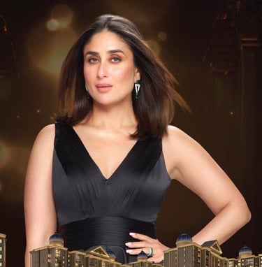 Bollywood actress Kareena Kapoor Khan posing in a black evening gown for a luxury real estate advertisement.