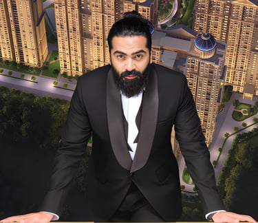 Tamil actor Silambarasan TR in a black tuxedo suit standing against a luxury high-rise apartment background.