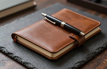 Close-up of a high-quality leather notebook and a sleek pen on a slate charcoal desk, suggesting disciplined planning.
