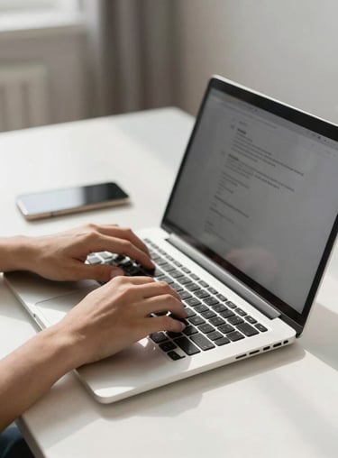 A pair of hands typing on a premium laptop in a sunlit home office, surrounded by clean, white surfaces.