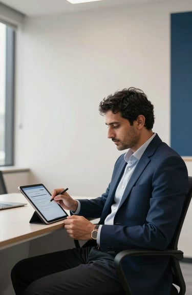 A focused professional sitting in a bright, modern office in Bangalore, using a tablet with a clean interface. Soft off-white walls and deep navy blue accents.