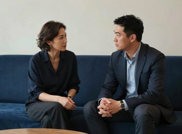 Two professionals engaged in a calm, serious discussion in a minimalist lounge area with deep navy blue upholstery.