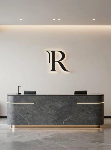 A wide-angle view of a serene, professional reception area with a minimalist logo wall in off-white and slate tones.