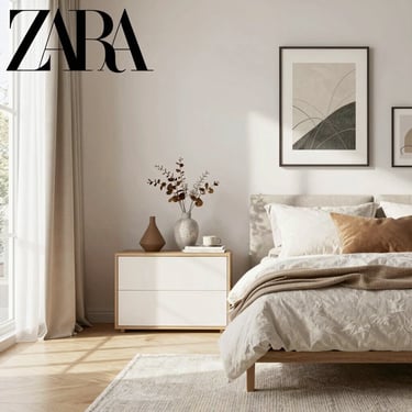 Bright and airy modern living room with natural wood furniture and soft linen textiles